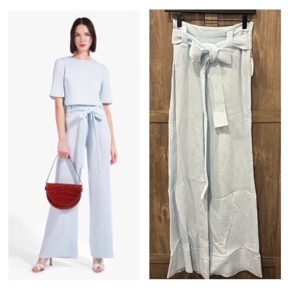 NWT STAUD Bernard Pants high rise tie waist wide leg Ice Blue Size 2 - Picture 1 of 11